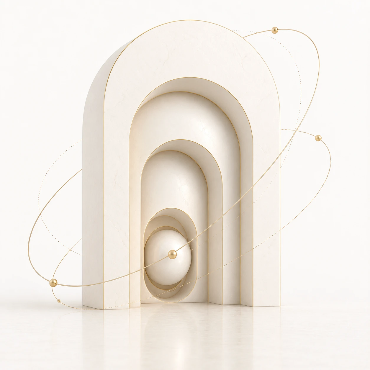 A figure walking through a corridor of light arches